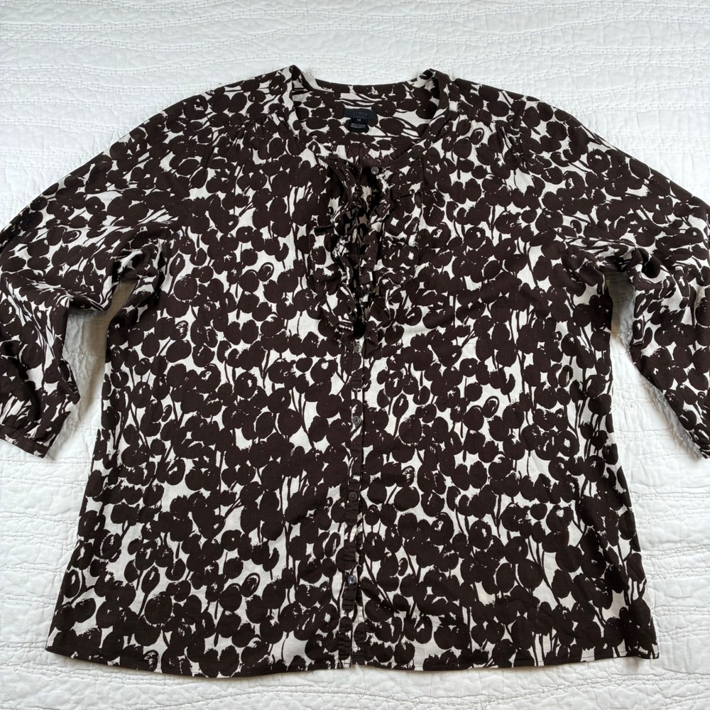 J Crew Collection Blouse 14 Brown Ivory Floral Ruffle 100% Cotton Button Up Top